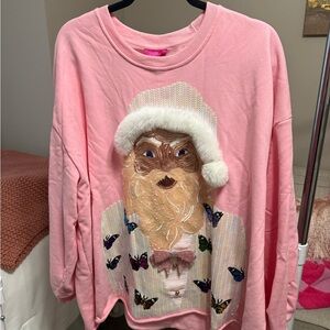 QUEEN OF SPARKLES Pink Santa Sweatshirt with Butterfly Accents